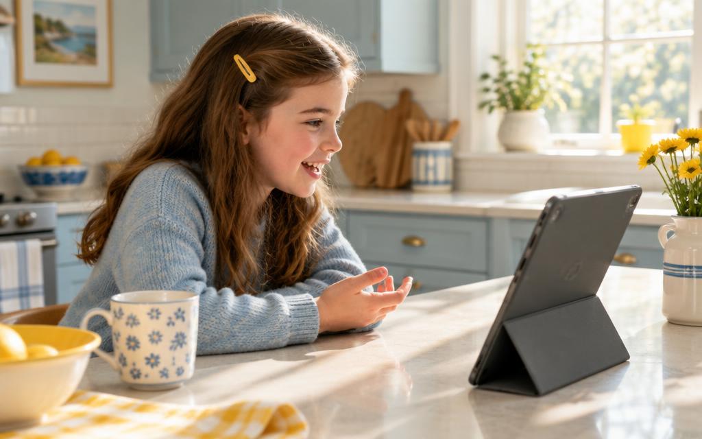 A girl talking to a tablet on the kitchen counter