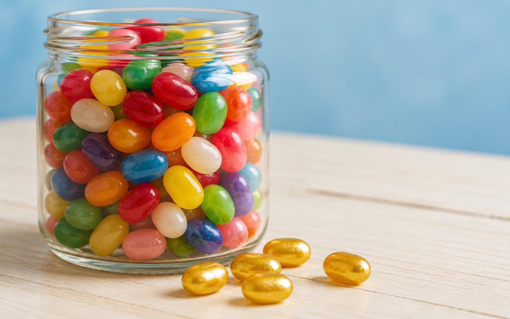 A jar of colorful jelly beans with golden jelly beans beside it