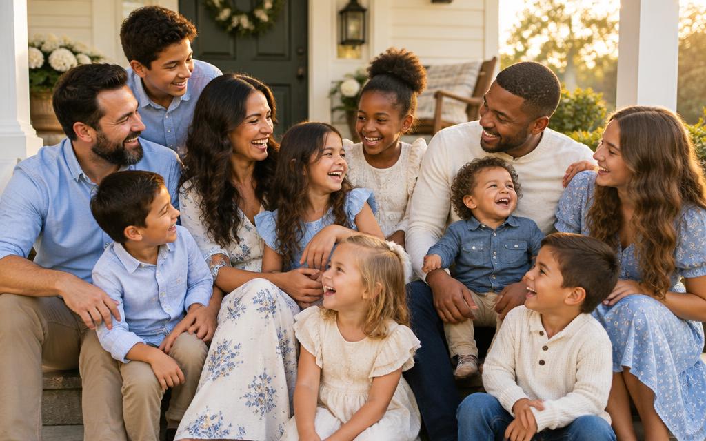 A family laughing together on a porch