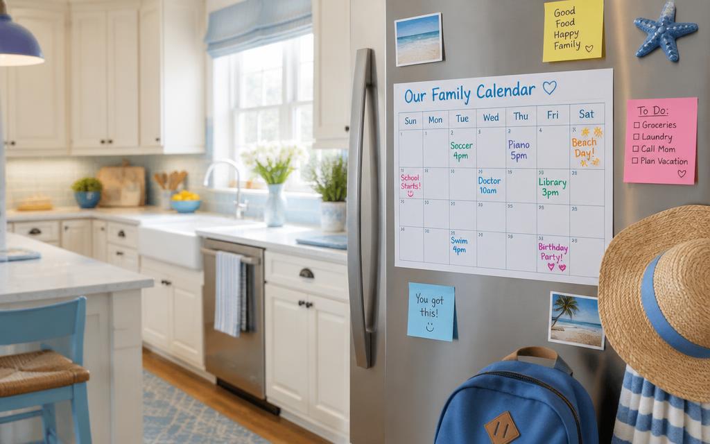 A family calendar on the fridge