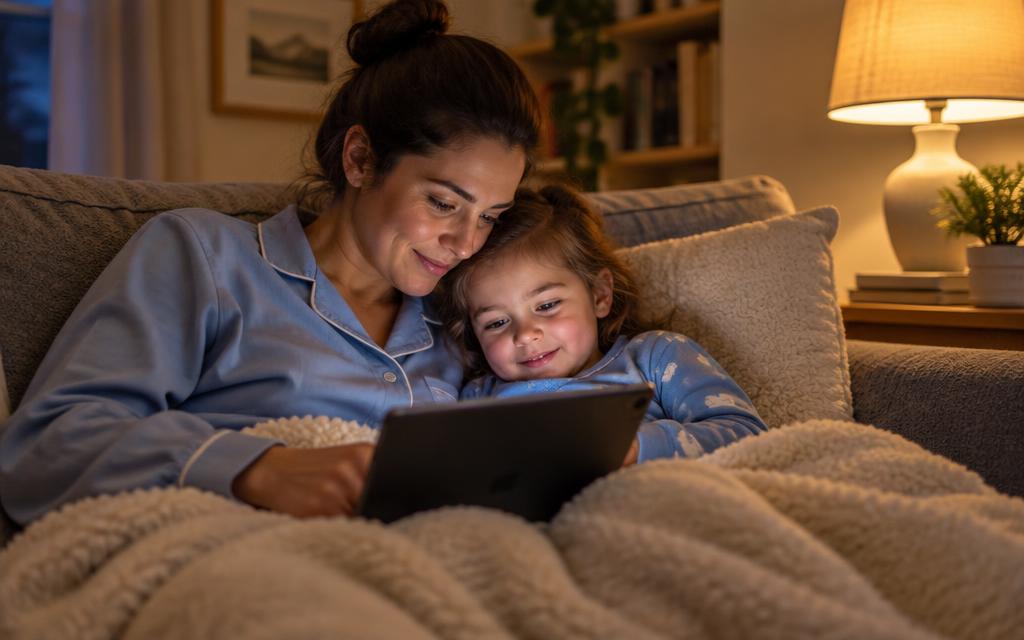 A parent and child doing an evening check-in on a tablet