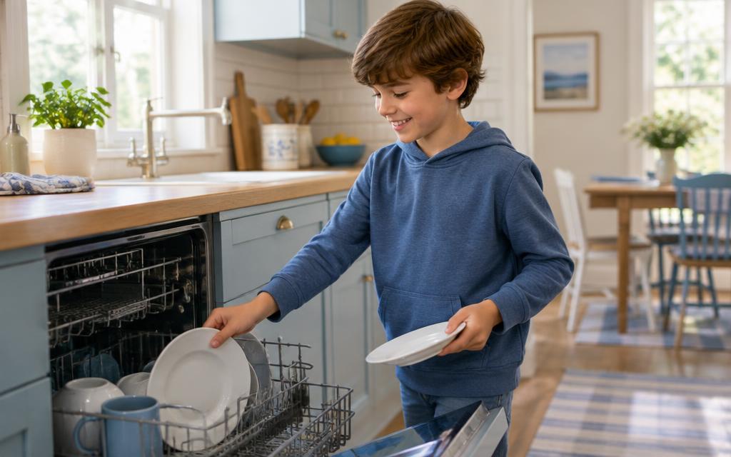 A boy unloading the dishwasher