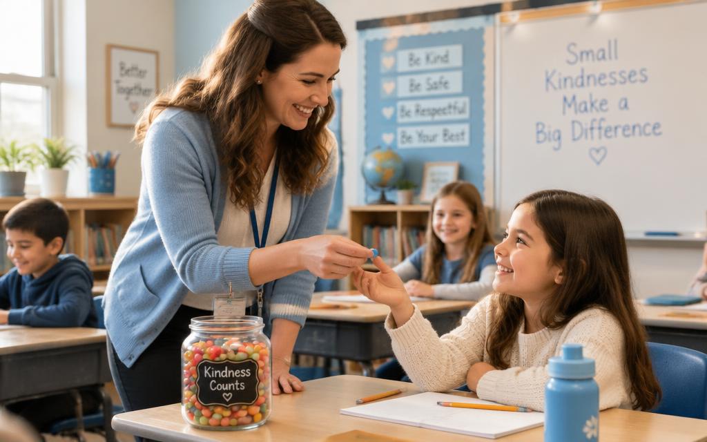 A teacher handing a student a treat in class