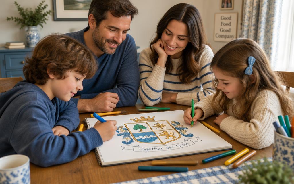 A family drawing their family crest at the table